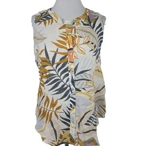 C&C California Women's XS 100% Linen Tropical Palm Print Button Sleeveless Top